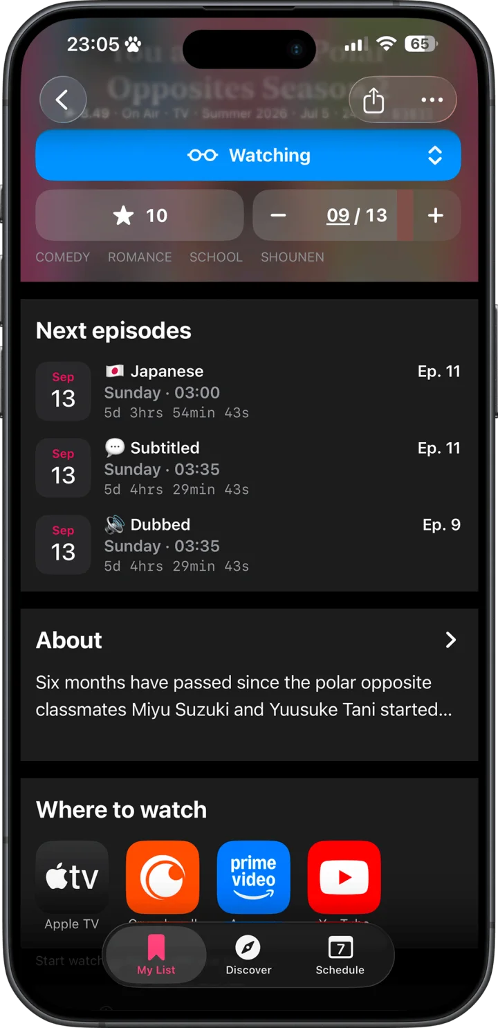 Anime detail screen with next episode countdowns and where to watch