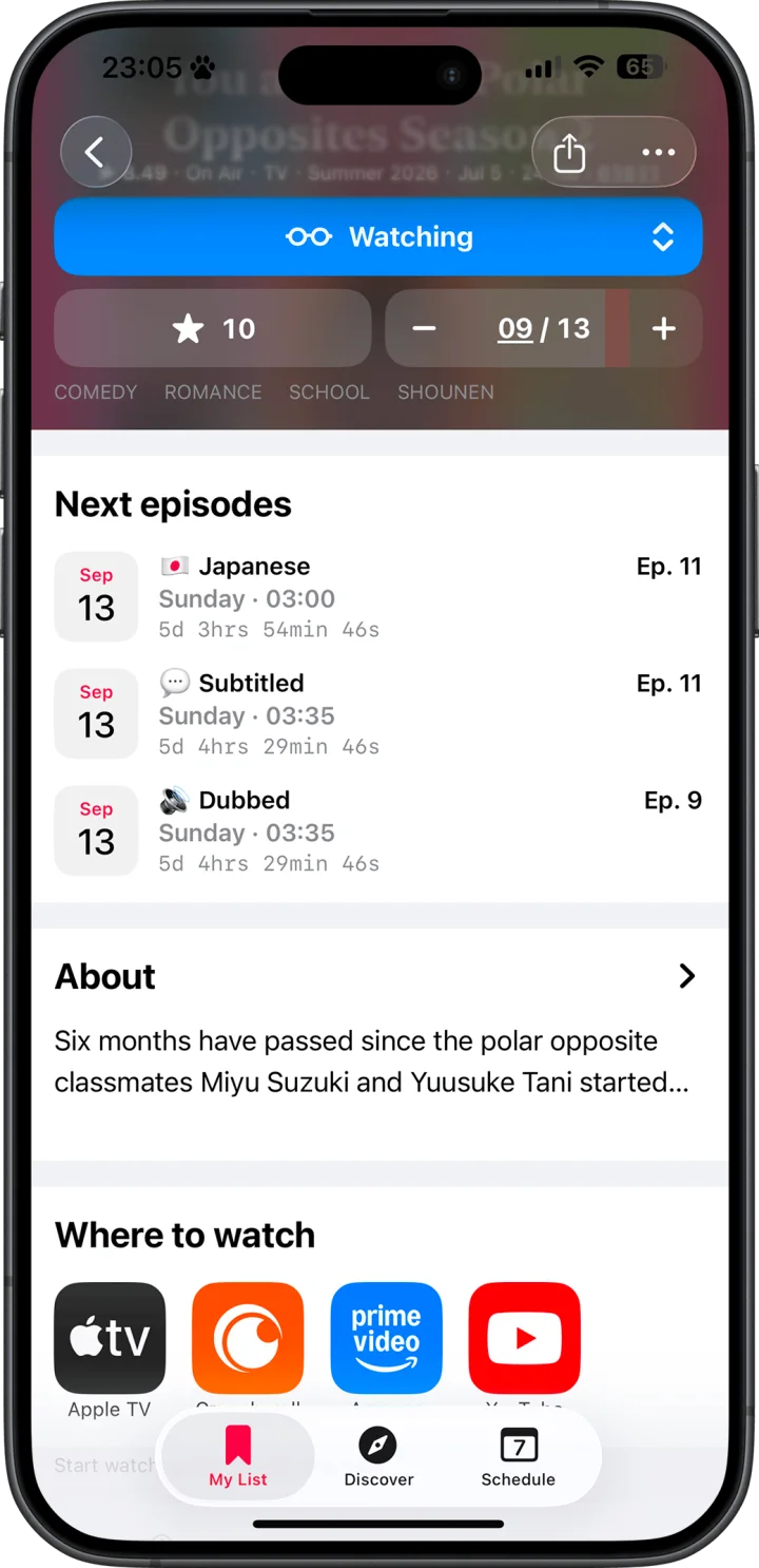 Anime detail screen with next episode countdowns and where to watch