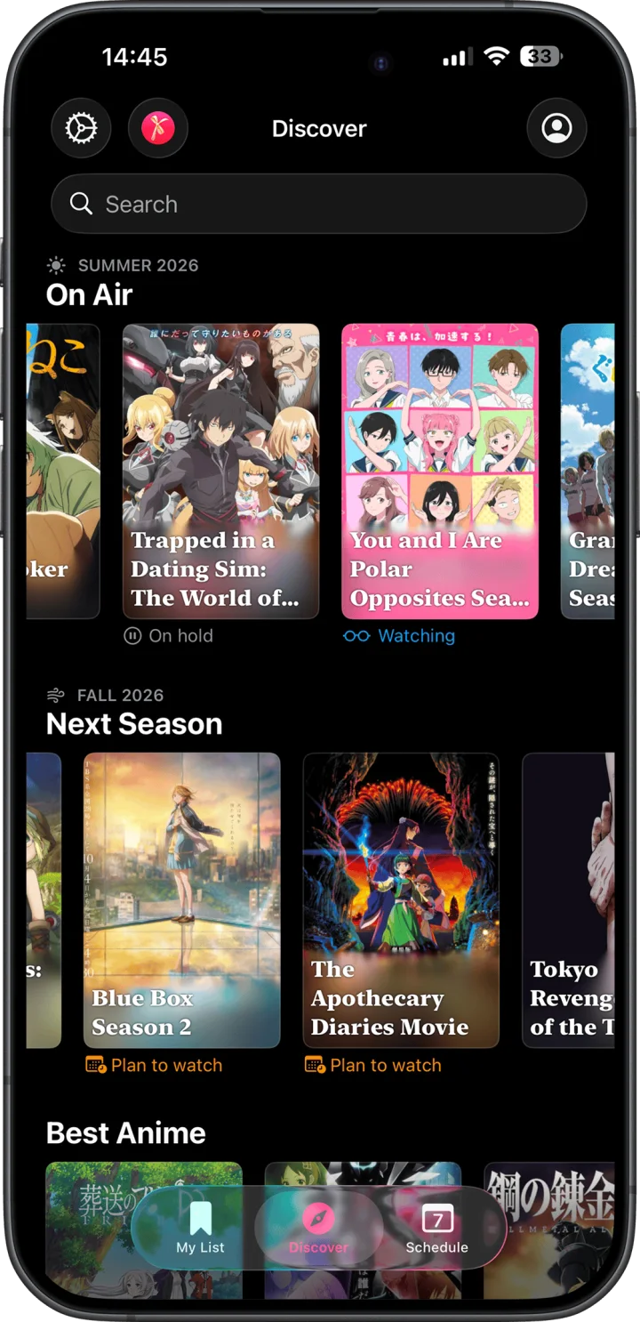 Discover screen with on air, next season and best anime carousels
