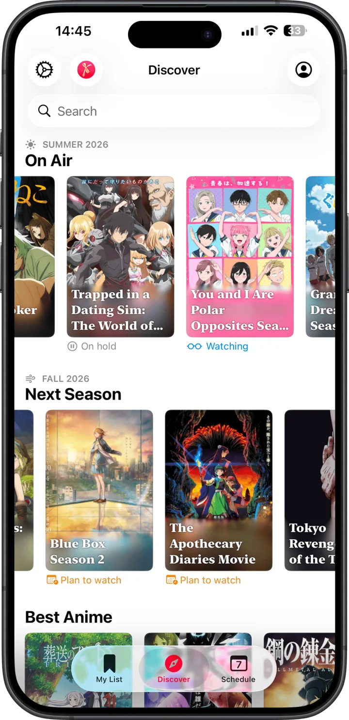 Discover screen with on air, next season and best anime carousels