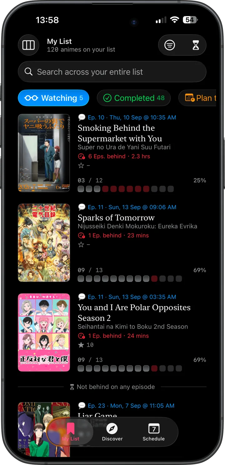Chisato My List screen showing anime being watched with episode progress