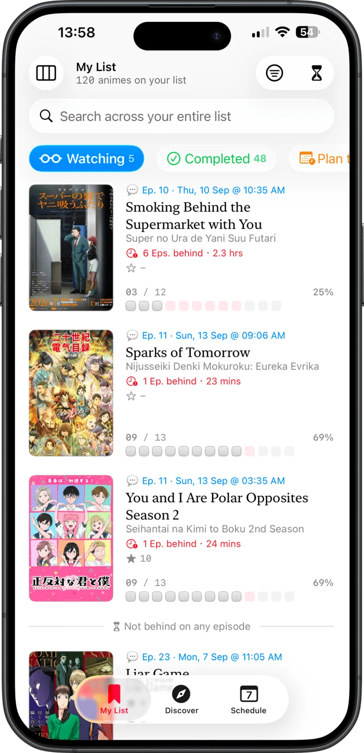 Chisato My List screen showing anime being watched with episode progress