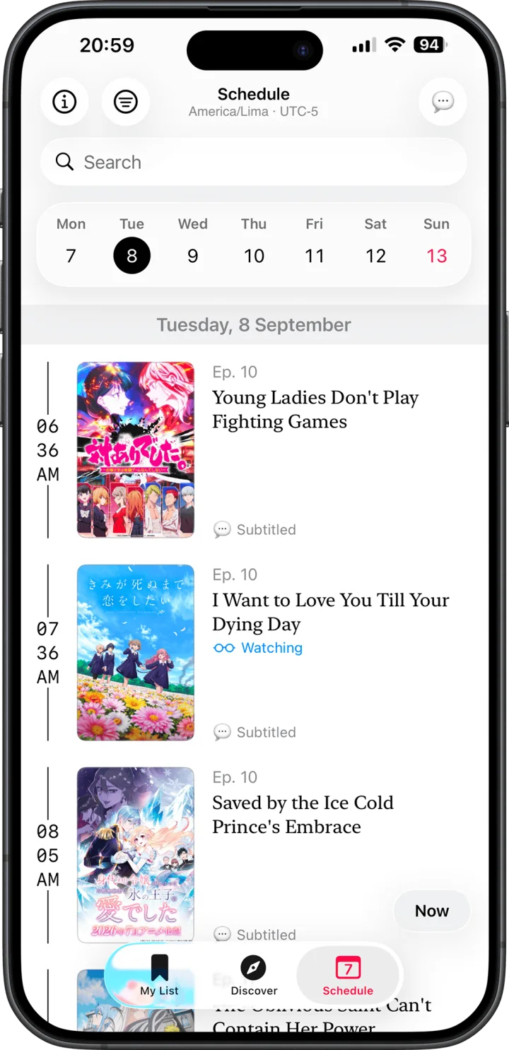 Chisato weekly anime airing schedule with episode release times