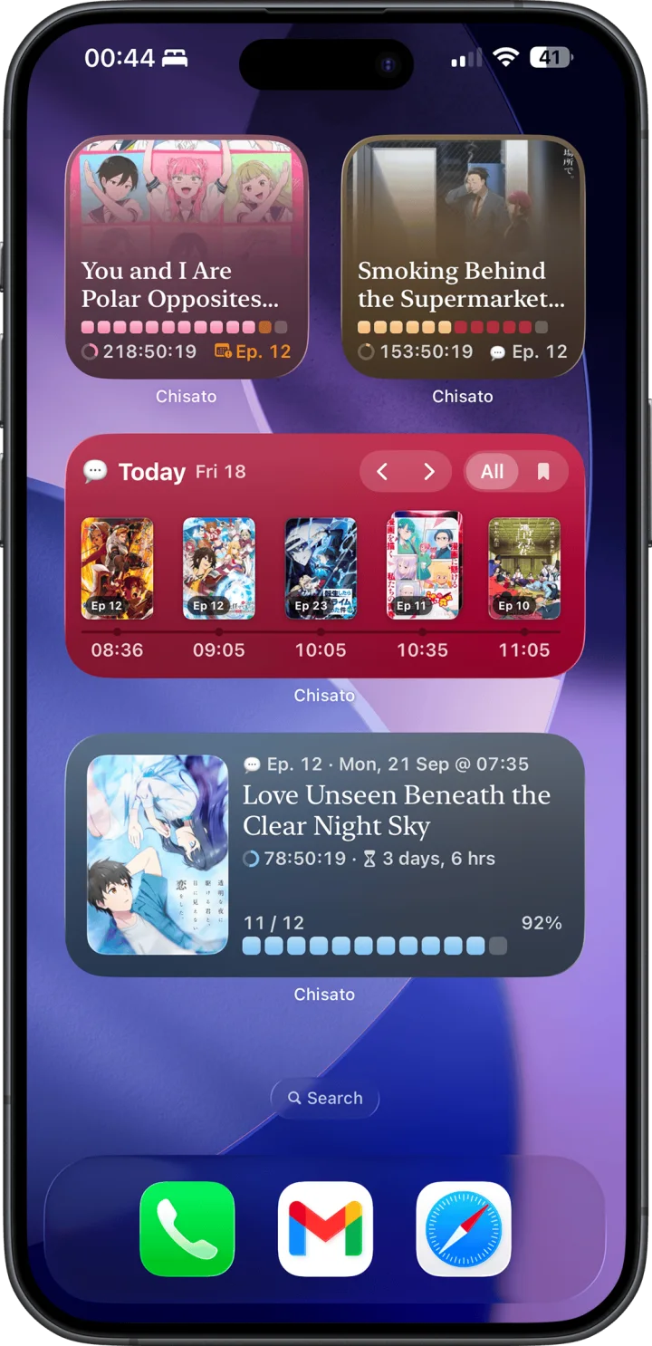 iPhone home screen with Chisato widgets showing countdowns and today's schedule
